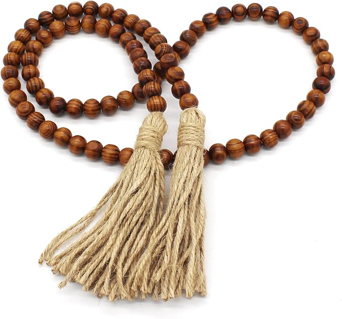 CVHOMEDECO. Wood Grain Beads Garland with Tassels Farmhouse Rustic Wooden Prayer Bead String Wall Hanging Accent for Home Festival Decor. Dark Tan