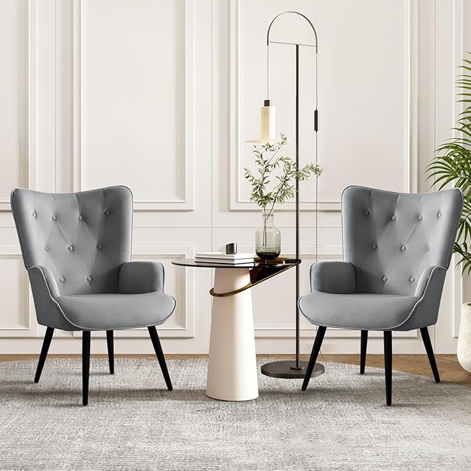 Furnimart Grey Velvet Accent Chair Mid Century Modern Living Room Chairs; Comfy Armchair Leisure Vanity Guest Wingback Chair for Office Study Vanity Bedroom Waiting Room