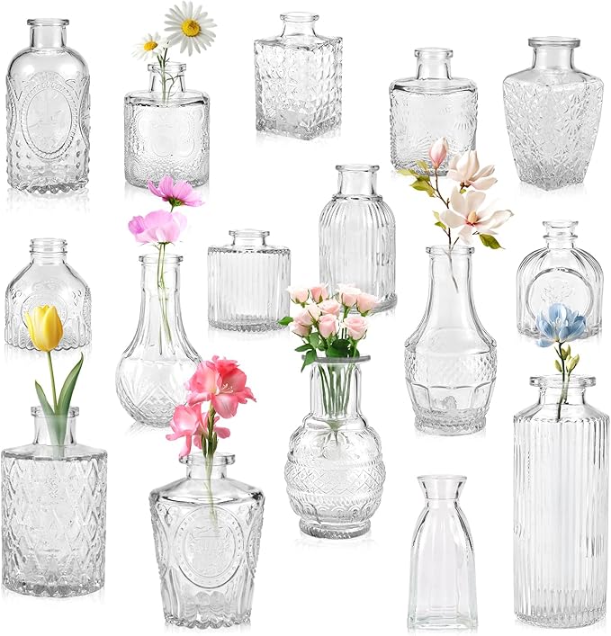 16pcs Glass Bud Vase, Small Vase for Flower, Clear Flower Vases for Centerpieces, Mini Vintage Vase in Bulk for Wedding Table Home Decoration