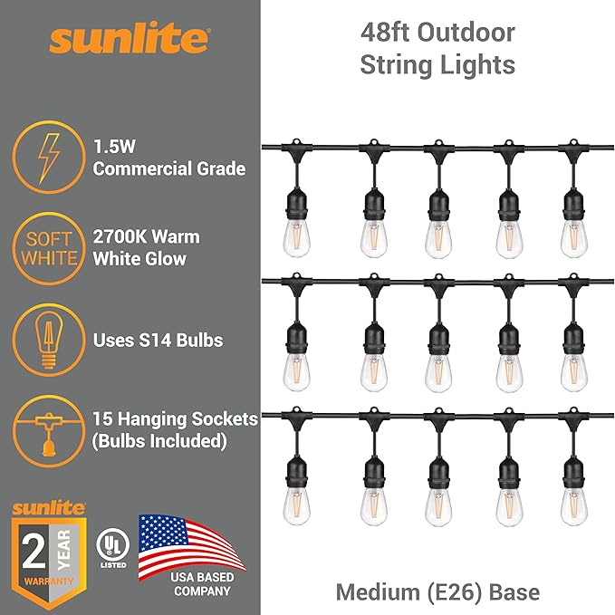 Sunlite 48ft Outdoor String Lights, 1.5W Commercial Grade, Waterproof, Linkable Strands, UL Listed, 15 Hanging Sockets, Shatterproof LED Edison Bulbs Included, 2700K Soft White