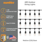 Sunlite 48ft Outdoor String Lights, 1.5W Commercial Grade, Waterproof, Linkable Strands, UL Listed, 15 Hanging Sockets, Shatterproof LED Edison Bulbs Included, 2700K Soft White