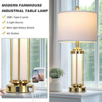 Modern Table Lamps, Gold 27" Industrial Table Lamp Set of 2 with USB A+C Charging Ports & AC Outlet, Farmhouse Rustic Beside Lamp for Living Room Bedroom Office End Table(4 LED Bulbs Included)