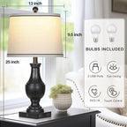 Table Lamps for Living Room Set of 2, Farmhouse Vintage Table Lamp with USB A+C Charging Ports & AC Outlet, 25" Black Rustic Traditional Lamps for Bedroom Nightstand Desk(2 LED Bulbs Included)