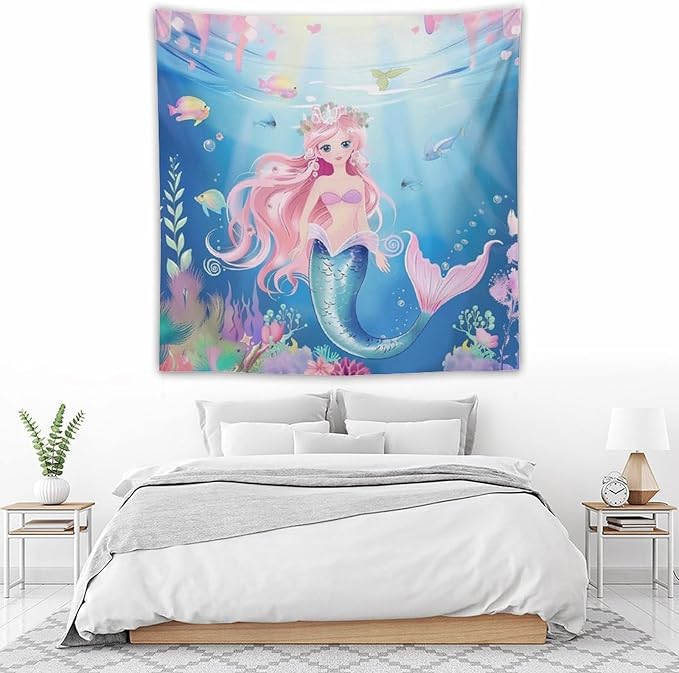 HZOHNAGO Mermaid Girls Tapestry Watercolor Mermaid Princess Pattern Printed Wall Tapestry Wall Hanging for Bedroom Living Room Dorm 60" W x 60" H