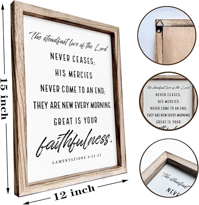 Christian Wooden Wall Signs, Living Room Decor, Home Church Decor for Room, Framed Wall Plaque Sign 15 * 11.5 inches, The Steadfast Love of the Lord Never Ceases Sign