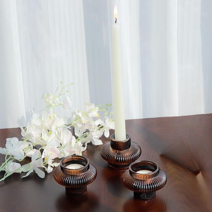VOHO Brown Candlestick Holders Set of 6, Old Fashioned Candle Sticks Holder Decor for Daily Room/Halloween/Thanksgiving Party, Double Side Taper Candle Holders for Candlesticks/Tealight Candles(Brown)