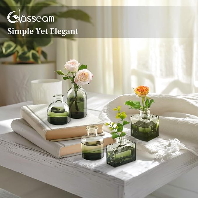Glasseam Bud Vases in Bulk 40: Green Glass Vases for Centerpieces Cute Small Vases for Flowers Mini Decorative Tiny Centerpiece Table Decor Wedding Party Dining Room Decoration