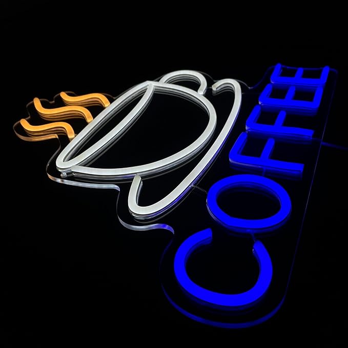 COFFEE Neon Sign in Yellow, White & Blue for Coffee Shops & Restaurants – Vibrant Multicolor LED Wall Light – Eye-Catching Decor for Cafés and Beverage Counters (Blue, Yellow, White)