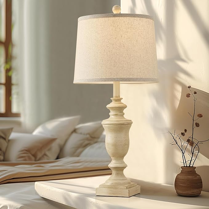 27.5" Vintage Farmhouse Table Lamps Set of 2 Bedside Lamp, 3 Way Dimmable Bedroom Lamps with 2 USB Ports +AC Outlet Touch Nightstand Lamp Rustic Lamp (Rotary-Antique Beige)