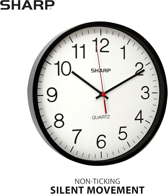 Sharp Wall Clock Silent Non Ticking 10 Inch Quality Quartz Battery Operated Round Easy to Read Home/Kitchen/Office/Classroom/School Clocks, Sweep Movement,Black