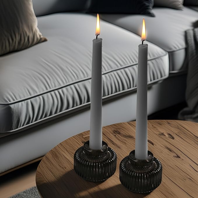 Kate Aspen Taper Candle Holders for Candlesticks, Smoke Grey Ribbed Glass Candlestick Holders Set of 4 - Candlestick Stand Decor, Fall Home Decor Accents, Modern Centerpieces, Black Candle Holder
