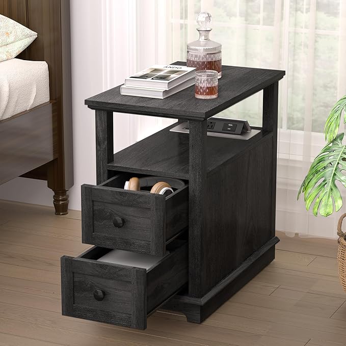 HIFYOBRO Narrow End Table with Flip Top Charging Station and 2 Drawers, Type-C & USB Port & Power outlets, Wooden Storage Cabinet, Side Table with Storage for Living Room and Bedroom