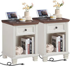 Farmhouse Side Table Set of 2 with Charging Station, Rustic Wood End Table with Drawer, Small Nightstands with Open Shelf for Bedroom, End Tables for Living Room, White
