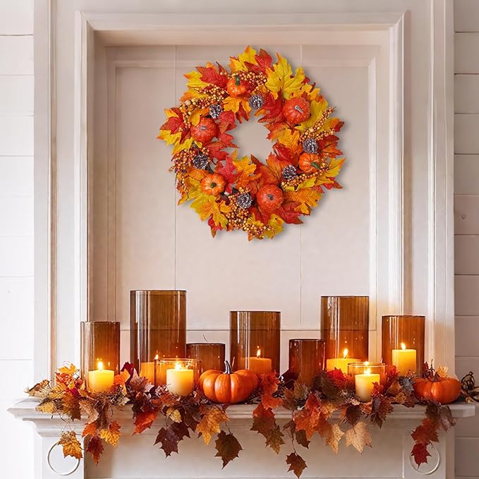 DiliComing Fall Wreath Front Door Wreath - 20 inch Fall Wreaths for Front Door, Autumn Wreaths with Pumpkin Maple Leavses for Indoor Outdoor Outside, Home Decor for Thanksgiving Harvest