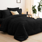 CozyLux King Size Comforter Set Black Seersucker 7 Pieces Bed in a Bag King Comforter Set with Sheets, Luxury Soft Bedding Set with Down Alternative Comforter, Sheets, Pillowcases & Shams All Seasons