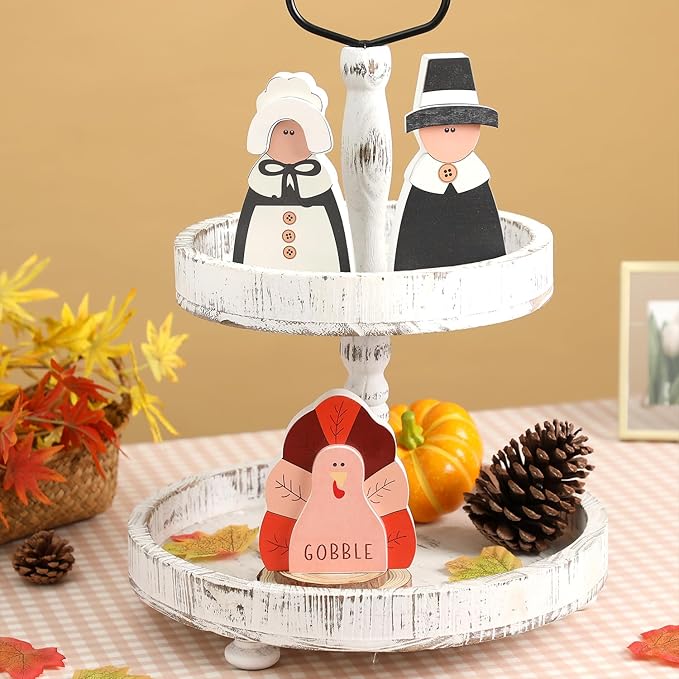 Amorita Fall Thanksgiving Decorations Wooden Turkey Pilgrim Couple Table Sign 3 Pcs Fall Thanksgiving Decor Standing Tabletop Sign Decor for Autumn Harvest - W