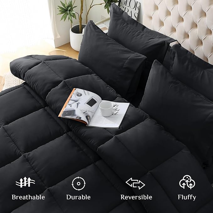 JOLLYVOGUE Full Comforter Set, Ultra-Soft Bed in a Bag Full Size 7 Pieces, Oeko-TEX Certified Bedding Set with Down Alternative Comforter, Sheets, Pillowcases & Shams, Black