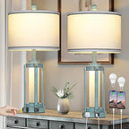 Farmhouse Lamps Set of 2, 26" Vintage Rustic Industrial Beside Lamps with USB A+C Charging Ports & AC Outlet, Nightstand Metal Lamp with LED Night Light & Fabric Shade for Living Room Bedrooms Blue