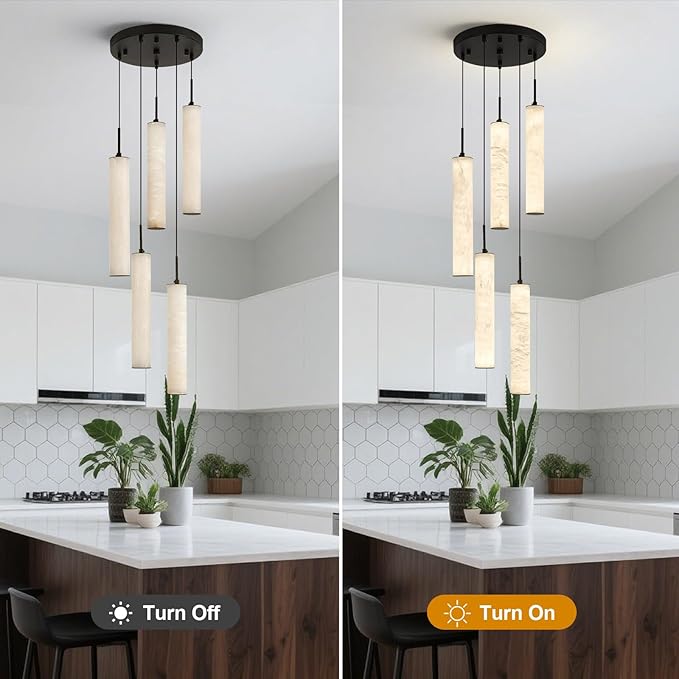 LMQNINE Natural Alabaster Pendant Lights for Kitchen Island White Marble Long Tube Chandelier Modern Black Ceiling Light Fixtures for Bedroom Dining Room Table Living Room Hallway(M-5Light)