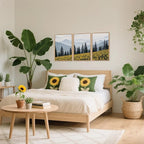 HPINUB Boho Sunflowers Landscape Framed Canvas Wall Art Set,Nature Pine Tree Wall Decor,Abstract Flowers Artwork Rustic Mountain Misty Forest Art Print for Living Room,Bedroom,Office-16 x24 x3