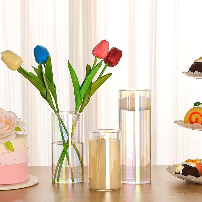 24 Pcs Glass Cylinder Vases Clear Flowers Vase Decorative Floating Candles Holders Table Centerpieces for Wedding Party Event Home Office Decor(Dazzling Color,2.8'' X 4.7'', 5.9'', 7.9'')