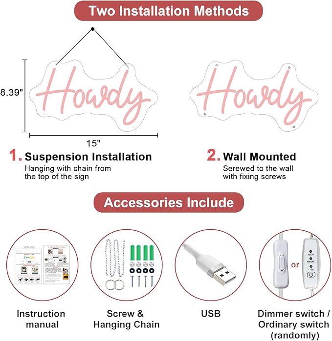HDJSIGN Howdy Neon Sign Hello Cowboy Neon Light for Wall Decor USB Powered LED Light Up Signs Bar Pub Club Hotel Beauty Room Decor Aesthetic Birthday Gift (15x8.39")