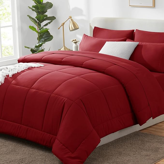 CozyLux King Size Comforter Set Dark Red, 7 Pieces Bed in a Bag, Red Comforter King Size, All Season Bedding Sets with Stitch Quilted Comforter, Flat Sheet, Fitted Sheet, Pillowcases