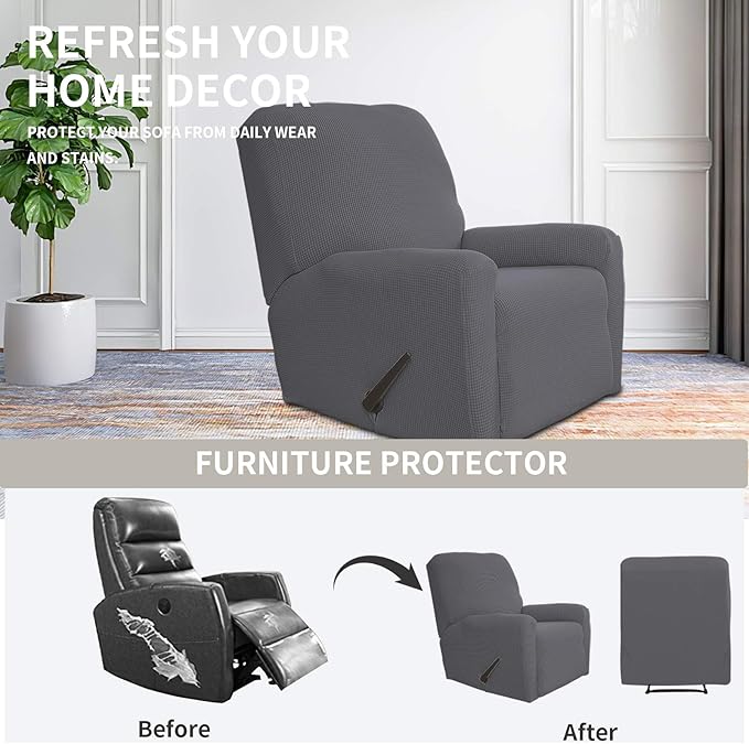 Easy-Going Recliner Stretch Sofa Slipcover Sofa Cover 4-Pieces Furniture Protector Couch Soft with Elastic Bottom Kids Spandex Jacquard Fabric Small Checks(Large,Gray)