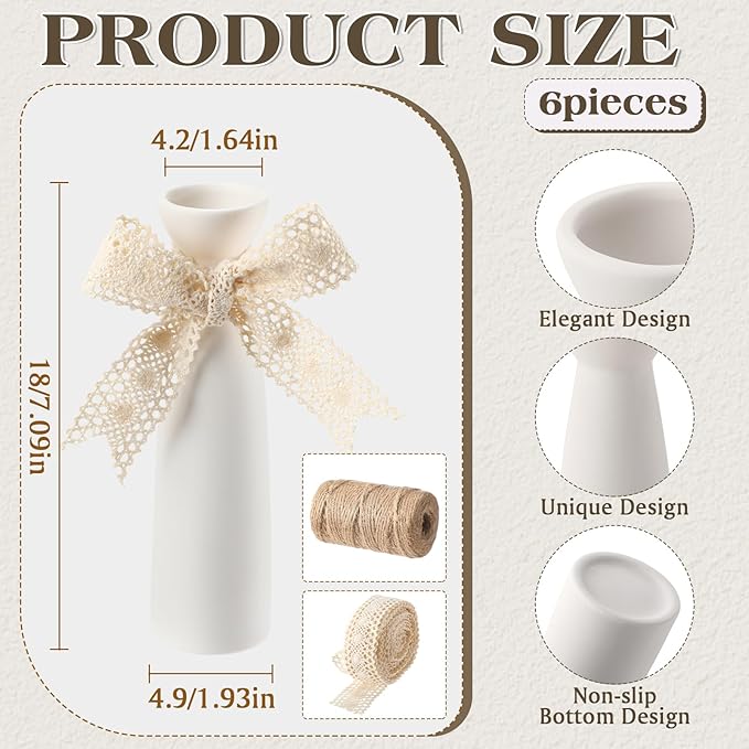 6 Pcs Ceramic White Vases for Home Decor with Cotton lace and Rope 7.09 inch Tall Vases for Centerpieces Modern Floral Vase Wedding Party Event Home Office Decoration