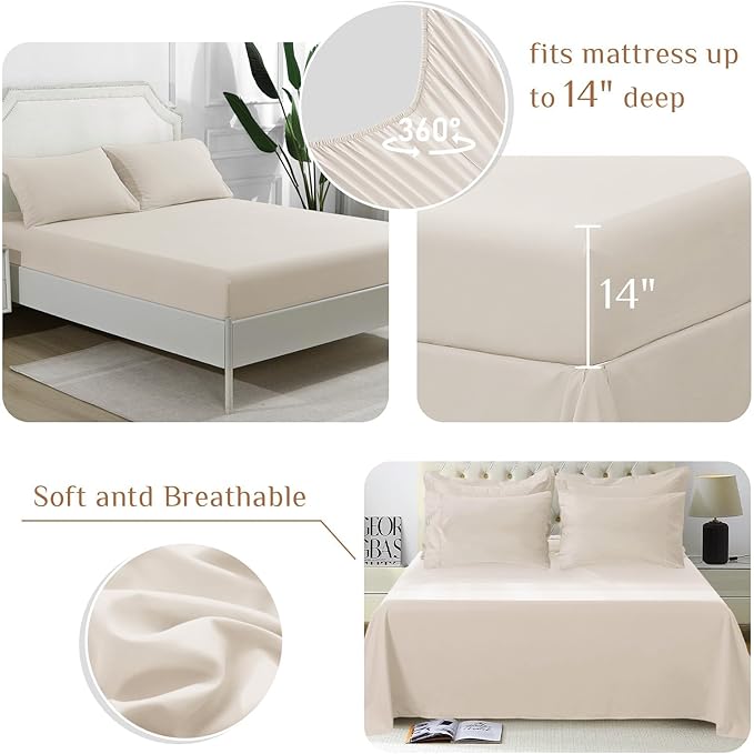 JOLLYVOGUE California King Comforter Set, Ultra-Soft Bed in a Bag Cal King Size 7 Pieces, Oeko-TEX Certified Bedding Set with Down Alternative Comforter, Sheets, Pillowcases & Shams, Beige