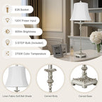 Candle Stick Buffet Table Lamp Set of 2, 33'' Vintage Nightstand Lamps with Silver Leaf Finish and White Linen Shades, 3-Way Dimmable Bulb Included, Country Style Bedside Lamps for Living Room Bedroom