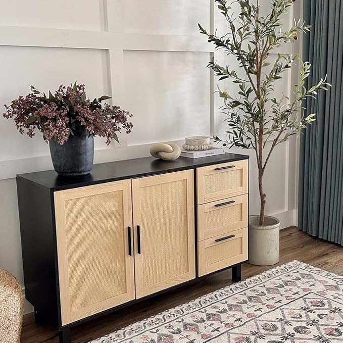 PHI VILLA Black Rattan Cabinet with Doors, Buffet Sideboard Cabinet with Drawers, 2 Door Storage Cabinets