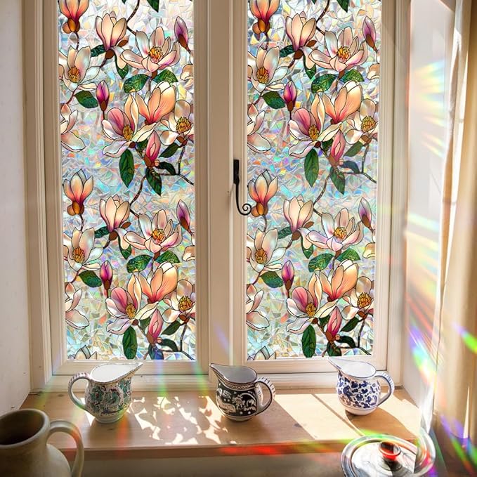 Window Film, Decorative Magnolia Flowers Stained Static Glass Window Clings Stickers for Home Office Living Room Bedroom Glass Windows Door Decor 16.93 x 39.37 Inches