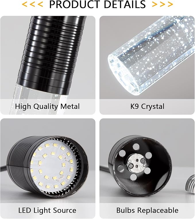 Set of 2 Pendant Lights for Kitchen Island, White Light, Black Crystal Linear Pendant Lighting, Bar Corner LED Light Fixture