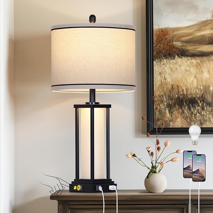 27" Tall Vintage Table Lamp with USB C+A & Outlet,Black Industrial End Table Lamp for Living Room,Farmhouse Rustic Bedside Lamp with Frosted Glass Night Light for Bedroom Nightstand,Black-1P