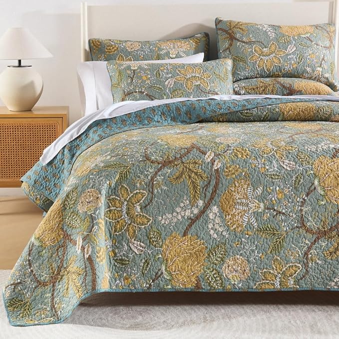 ENASAL Cotton Bedspread Quilt Sets Reversible Bedding Coverlet Sets Comforter, Vintage Floral Farmhouse Pastoral Turquoise Bedspread, King Size