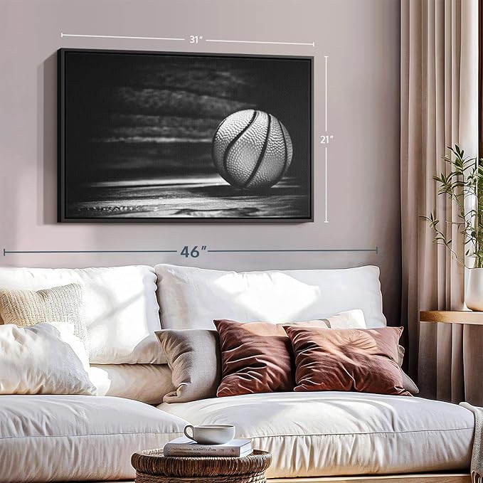 ElephantStock Basketball Wall Art - Horizontal Framed Canvas - 1-Piece Hallway Wall Decor - Photography sports Canvas Print - Black and Gray Decor for Wall - 31" X 21"