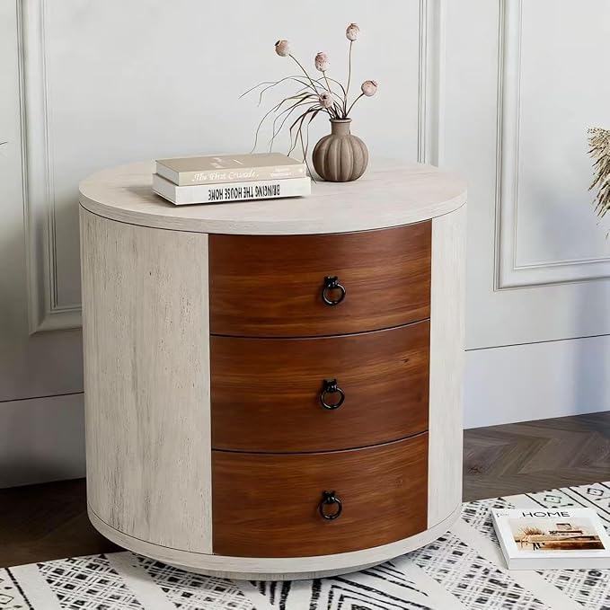 HOMPUS Fully Assembled Round Nightstand, 3 Drawer Chest of Drawers, Wood Rustic Farmhouse Dresser, Retro Modern Night Stand, Wood Rustic Farmhouse Dresser with Drawers for Bedroom, Brown + White