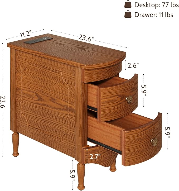 End Table with Charging Station, Narrow Side Table with 2 Drawer, Wood Sofa Side Table for Living Room, Vintage Slim Nightstand Bedside Table for Bedroom, Pre-Assembled (Dark Walnut)