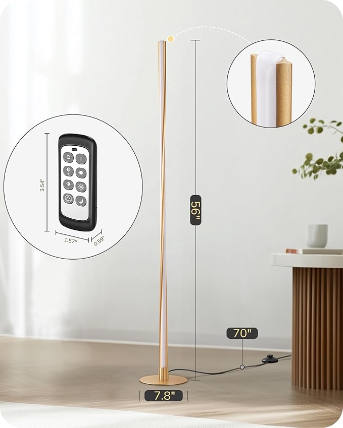 EDISHINE Helix LED Floor Lamp, 56" Tall Pole Lamps 2700K-6000K Dimmable, Remote Control & Foot Switch, Modern Minimalist Standing Corner Lights for Bedroom, Living Room, Office, Gold