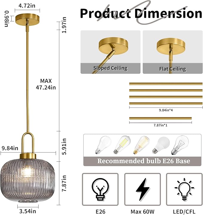 Modern Smoky Gray Glass Pendant Light Fixtures, Mid Century Pendant Lights for Kitchen Island, 9.8" Gold Adjustable Height Ceiling Hanging Light Fixtures for Dining Room Entryway Foyer Hallway