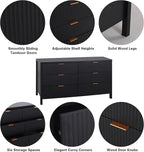 Fluted 6 Drawer Double Dresser for Bedroom, 47" Wide Modern Closet Dressers Chest of Drawers, Wood Storage Dresser Organizer for Nursery Bedroom Living Room Hallway Closet, Black
