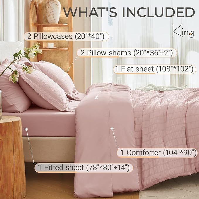 MUXHOMO 7 Pieces King Comforter Set, Seersucker Bed in a Bag King Size, All Season Luxury Bedding Set with Comforter, Flat Sheet, Fitted Sheet, Pillowcases & Shams, Rose Gold