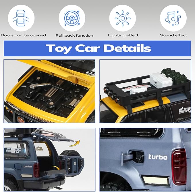 Toy Cars for Boys Diecast Cars 1 24 Scale Compatible with Land Cruiser LC80 Car Model Collectible,Pull Back Toy Car with Lights and Sounds,Toy Cars for Boys Age 4-7（Yellow）