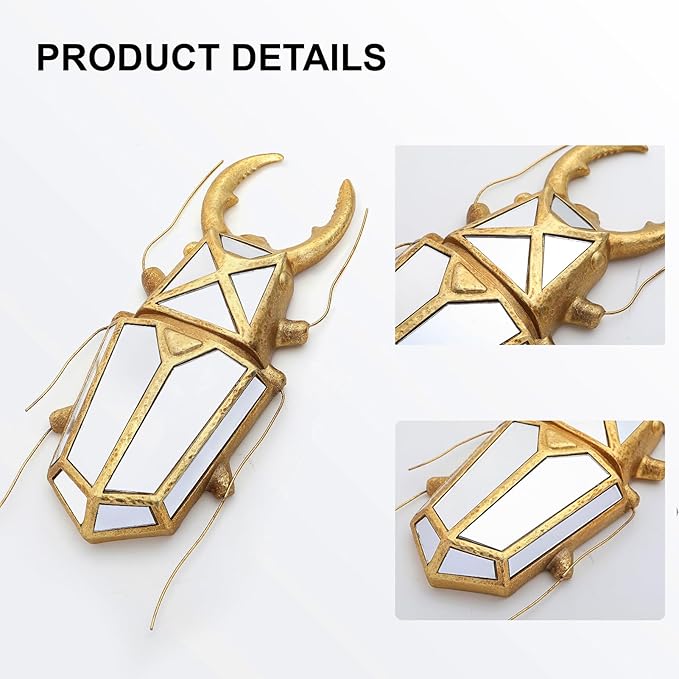 Decorative Bug Insects Beetle Mirrors - Gold Resin and Glass Wall Decor, Perfect for Victorian and European Themed Homes (Sheep Horn Beetle)