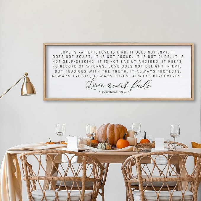 ZZJJHYWGQ Love is Patient Love is Kind Wall Decor 40"X15" Corinthians 13 Large Bible Verse Quote Sign for Above Bed Hanging Wood Framed Wall Art (Wood