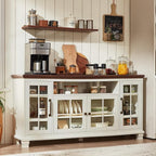 Large Sideboard Buffet Cabinet with Storage, Vintage White Farmhouse 60" Wide Credenza Accent Cabinets with Glass Doors & Wood Legs, Kitchen Coffee Bar Table for Dining Room, Living Room