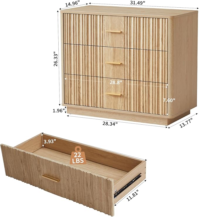 Fluted Dresser for Bedroom with 3 Drawers,31.5"Wide Modern Chest of Drawers with Metal Handle,Large Storage Dresser,Wood Closet Clothes Storage Organizer for Nursery Living Room Hallway,Natural 2 Sets