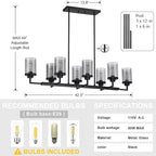 8 Light Linear Kitchen Island Lighting,Grey Glass Modern Industrial Chandelier,Black Finish Rectangular Pendant Light Fixtures for Farmhouse Kitchen Dining Room Bar Foyer