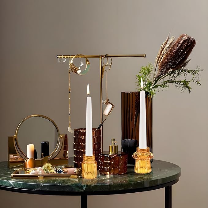 Double Sided Vintage Ribbed Taper Glass Candle Holders,Tea Candle Holder for Table Centerpieces, Wedding Decorations and Dinner Parties (Amber, 6 PCS)